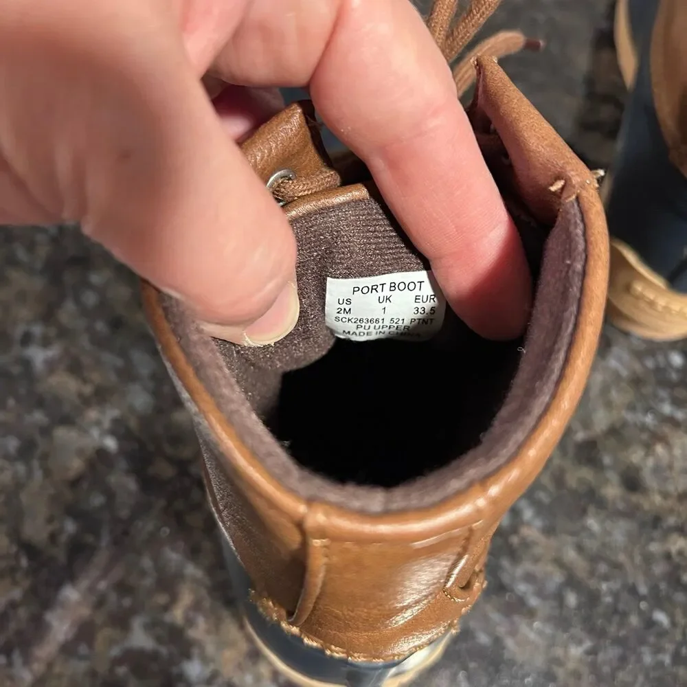 Sperry Port Duck Boot Kids' Rain Boots Sz 2 Navy Brown EUC